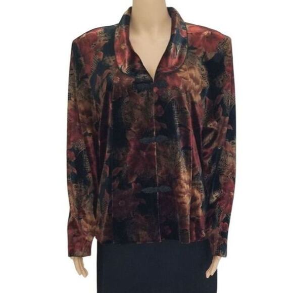 Stretch Velvet Floral Blazer Frog Closures Shoulder Pads Velour Soft Size 18 - Picture 1 of 9